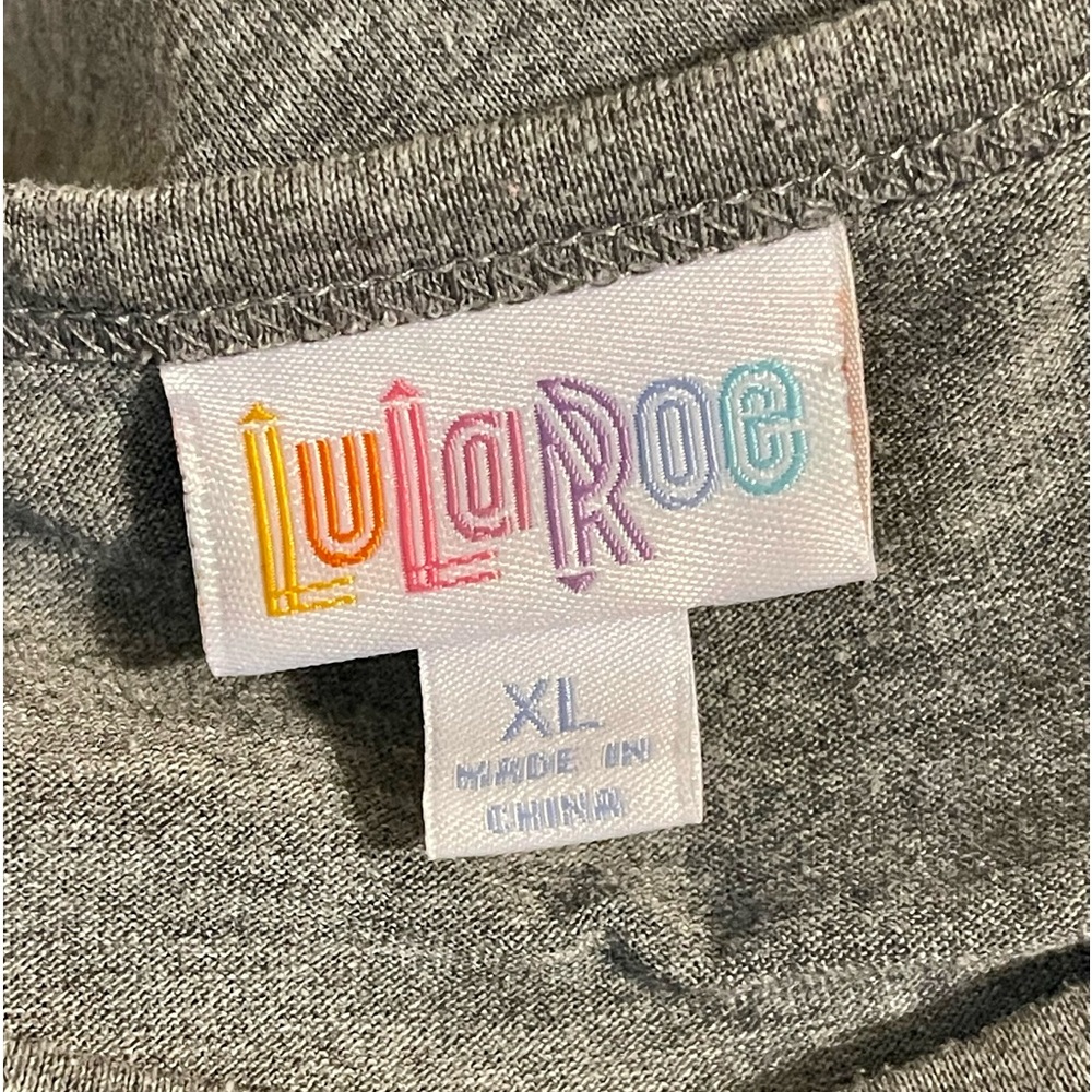 LuLaRoe Randy Tee Grey Body with Blue and Pink Printed Sleeve - Picture 3 of 8